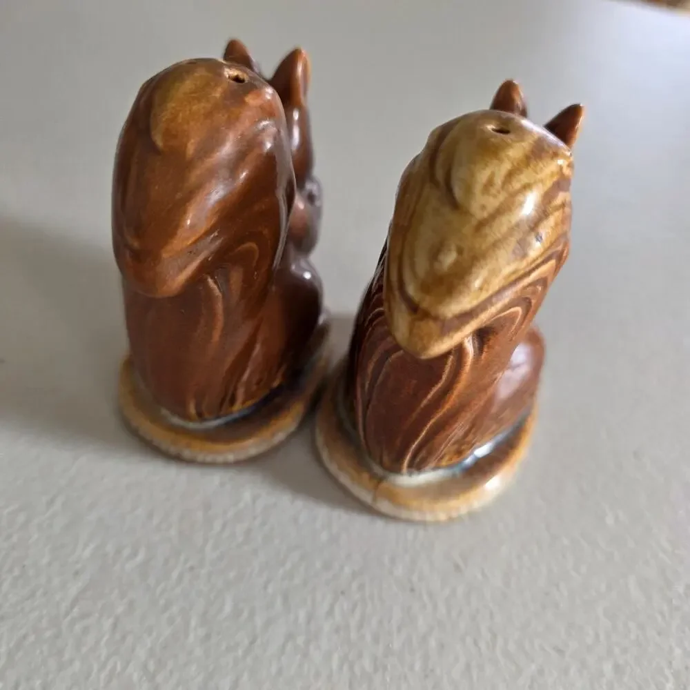 Vintage Squirrel Salt Pepper Shakers MCM Ceramic Brown Glaze W/ Stoppers 3